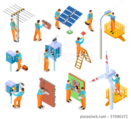 Electrician isometric set. Workers doing safety electric works. Electrical maintenance man repairing 57090371
