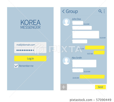 Korean messenger. Kakao talk interface with chat boxes and icons vector message template Korean messenger. Kakao talk interface with chat boxes and icons vector message template 57090449