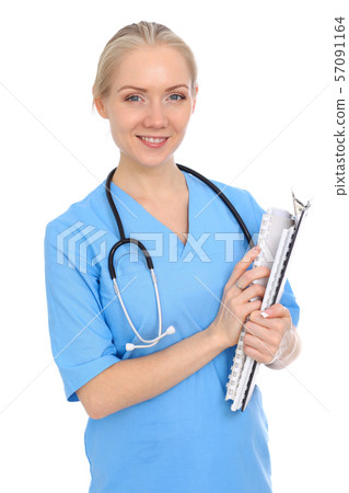 Doctor woman or nurse isolated over white background. Cheerful smiling medical staff representative 57091164