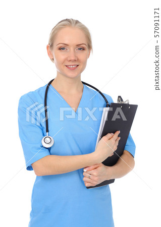 Doctor woman or nurse isolated over white background. Cheerful smiling medical staff representative 57091171