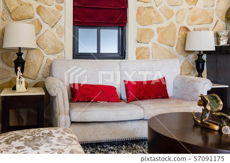 modern living room with red pillows on cozy sofa and lamp modern living room with red pillows on cozy sofa and lamp 57091175