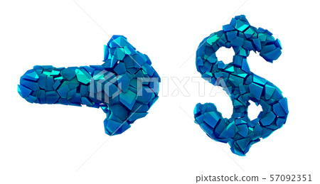 Symbol collection arrow and dollar made of 3d render plastic shards blue color. Collection of Symbol collection arrow and dollar made of 3d render plastic shards blue color. Collection of 57092351