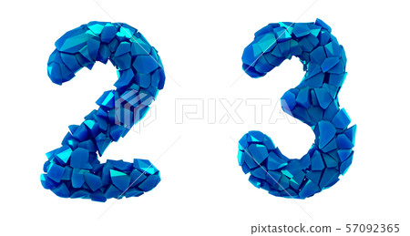 Number set 2, 3 made of 3d render plastic shards blue color. 57092365