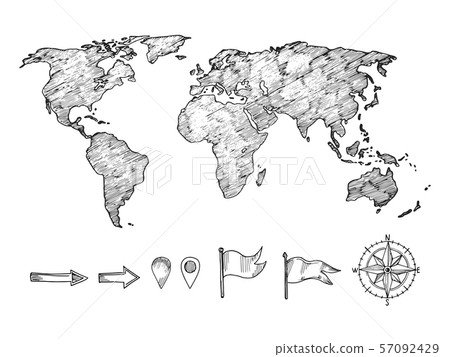 Sketched style world map and navigation elements vector illustration 57092429