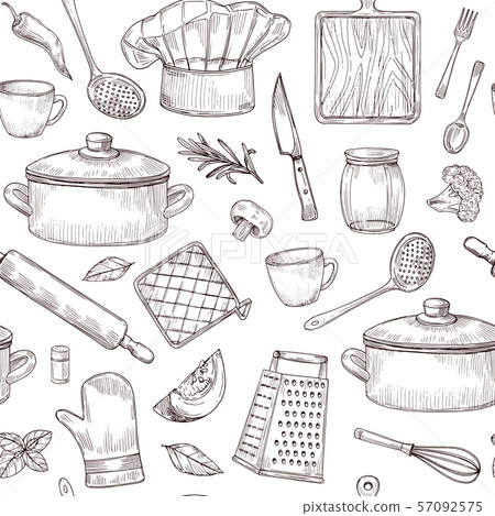 Kitchen tools seamless pattern. Sketch cooking utensils hand drawn kitchenware. Engraved kitchen 57092575