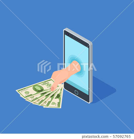 Smartphone online banking vector concept. Hand hold money - isometric banking design Smartphone online banking vector concept. Hand hold money - isometric banking design 57092765