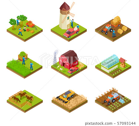 Isometric farm. Farmer tractor lorry and harvester. Livestock and agricultural green plants. 3d 57093144
