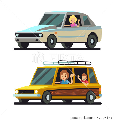 Young happy women driver driving cars flat vector concept 57093173