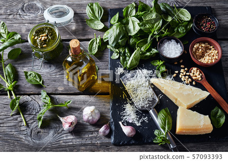 classic Basil pesto sauce and main ingredients 57093393
