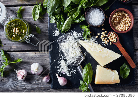 homemade classic Basil pesto sauce, top view 57093396