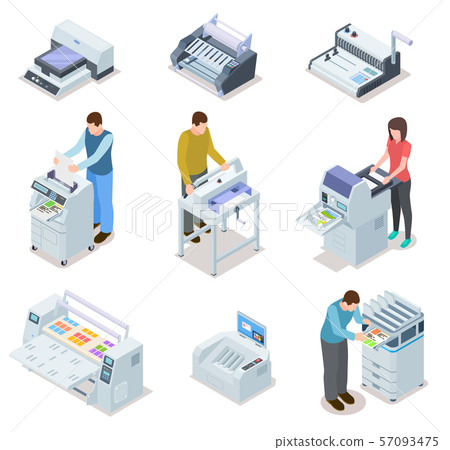 Printing house equipment. Printer plotter, offset cutting machines and people workers. Industrial 57093475