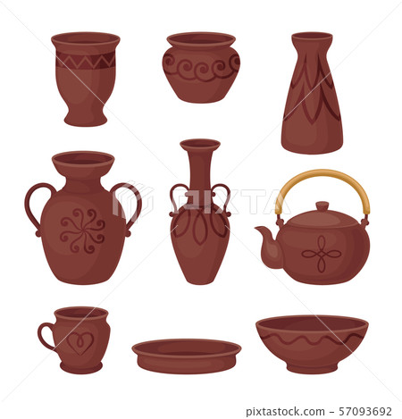 Set of brown clay dishes. Vector illustration on a white background. Set of brown clay dishes. Vector illustration on a white background. 57093692