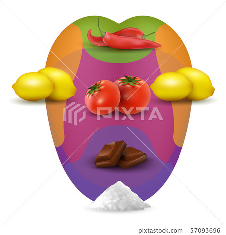 Visual tasting map in human mouth with food. Realistic mouht with lemons, chilli peppers, salt Visual tasting map in human mouth with food. Realistic mouht with lemons, chilli peppers, salt 57093696