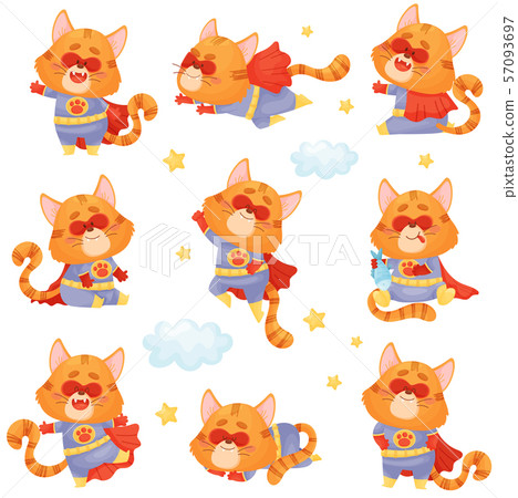 Set of cartoon cat in a superhero costume. Vector illustration on a white background. 57093697