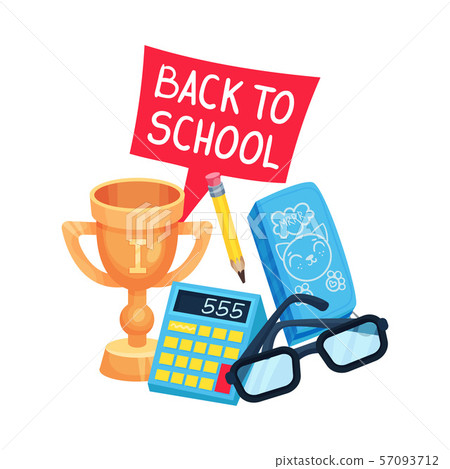 School composition of a golden cup, calculator and the inscription Back to school. Vector School composition of a golden cup, calculator and the inscription Back to school. Vector 57093712