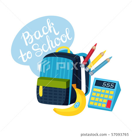 School composition from a school backpack, pencils and a calculator. Vector illustration on a white 57093765