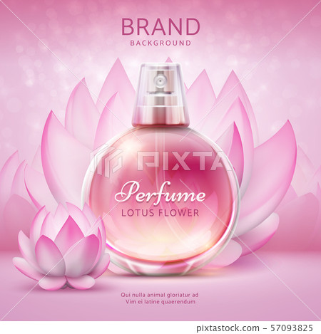 Cosmetic background with lotus. Pink lily flowers with cosmetic product skincare spray bottle. Lotus 57093825