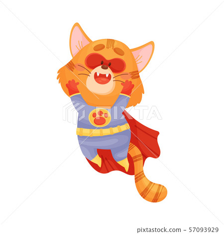 Cartoon red cat superhero jumping. Vector illustration on a white background. 57093929