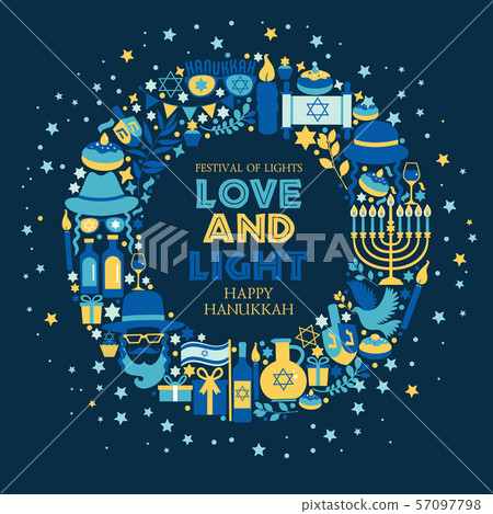 Jewish holiday Hanukkah greeting card traditional Chanukah symbols- dreidels spinning top, donuts Jewish holiday Hanukkah greeting card traditional Chanukah symbols- dreidels spinning top, donuts 57097798