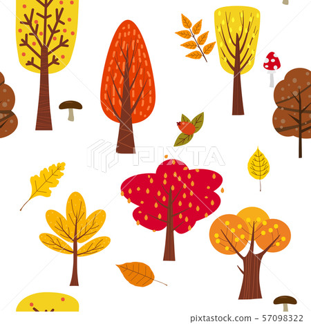 Seamless tree pattern forest woodland with leaves and mushrooms illustration in trendy cartoon flat 57098322
