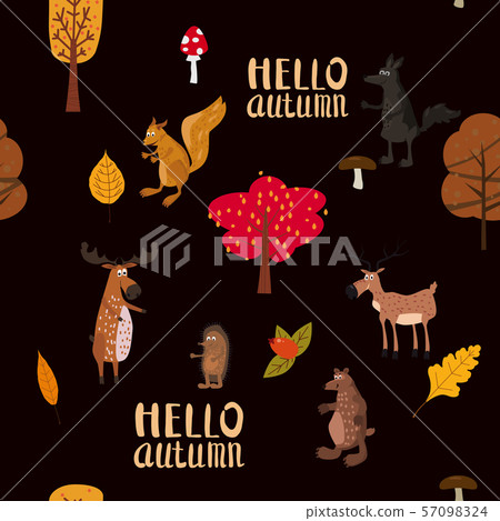Autumn forest cute animals seamless pattern with Hello Autumn lettering trees leaves trendy flat 57098324