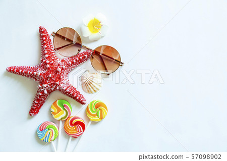 Travel background concept. Starfish, sunglasses, Travel background concept. Starfish, sunglasses, 57098902