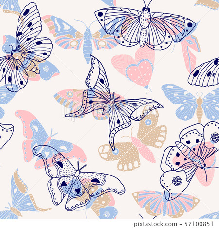 pattern with hand drawn butterflies and moths - Stock Illustration ...