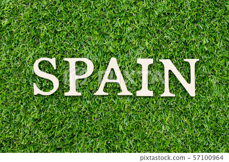 Wood alphabet letter in word Spain on green grass 57100964