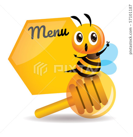 Cartoon cute bee sitting on the honey dipper with big menu board. 57101187