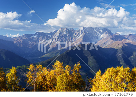 Autumn Landscape with birch forest and mountain Autumn Landscape with birch forest and mountain 57101779