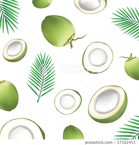 Coconut slice with coconut leaf on white background. 57102451