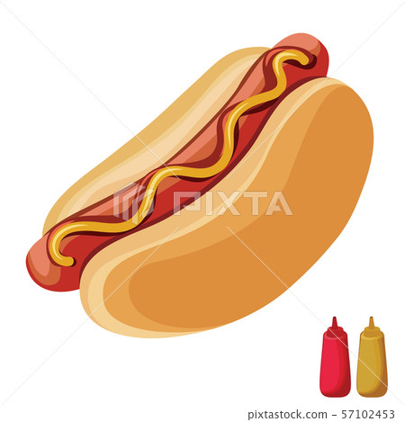 Hot dog with ketchup and mustard on top isolated on white background. Hot dog with ketchup and mustard on top isolated on white background. 57102453