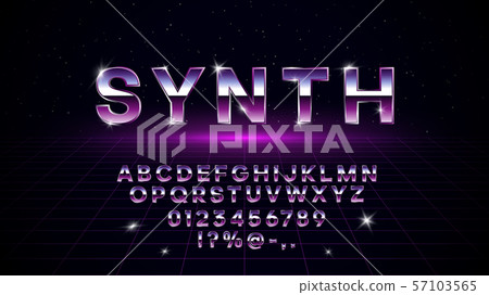 Retrowave synthwave vaporwave font in 1980s style. Retrowave design letters, numbers, symbols and 57103565