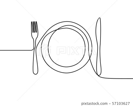 One continuous line plate, khife and fork. Vector 57103627