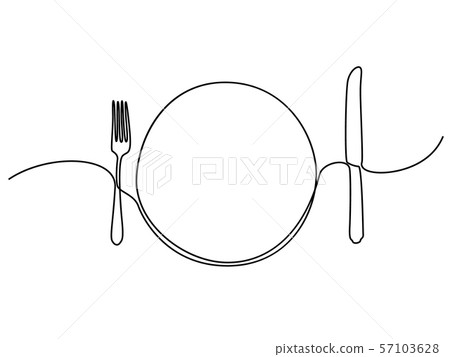 Continuous one line plate, khife and fork. Vector illustration. 57103628