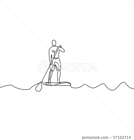 Continuous line man standing on paddle board. Vector illustration. 57103714