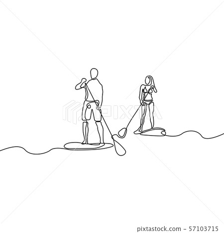 Continuous line man and woman doing paddle boarding Continuous line man and woman doing paddle boarding 57103715