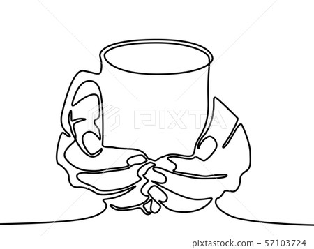 One line drawing Hand holding mug with tea or coffee. One line drawing Hand holding mug with tea or coffee. 57103724