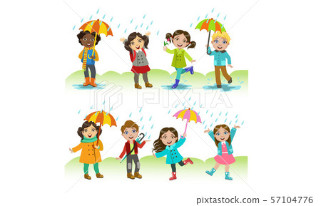 Kids Playing in the Rain Set, Happy Boys and Girls Having Fun Outdoors Vector Illustration Kids Playing in the Rain Set, Happy Boys and Girls Having Fun Outdoors Vector Illustration 57104776