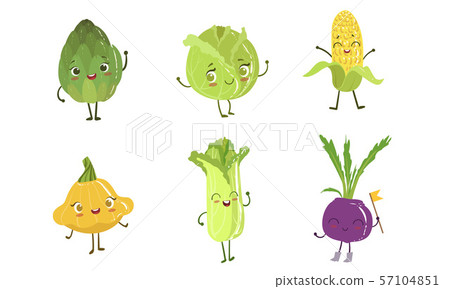 Cute Happy Vegetable Characters Set, Artichoke, Cabbage, Corn Cob, Squash, Chinese Cabbage, Beet 57104851