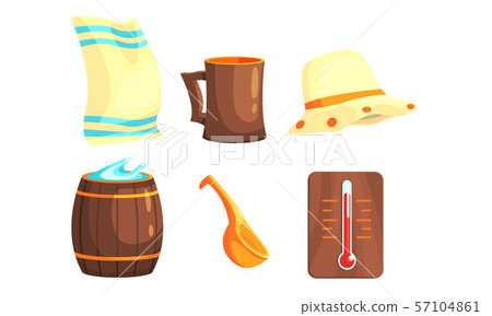 Sauna or Bathhouse Equipment Set, Towel, Hat, Wooden Barrel, Ladle, Thermometer Vector Illustration 57104861