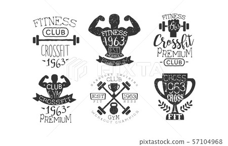 Crossfit Club Retro Labels Set, Fitness Workout Premium Emblems Vector Illustration 57104968