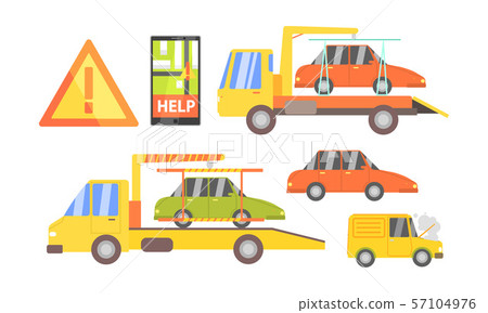 Car Evacuation Set, Road Assistance Service Help, Evacuator Tow Track and Damaged Cars Vector 57104976