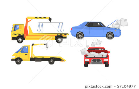 Evacuator Tow Track and Damaged Cars Set, Car Evacuation, Road Assistance Service Help Vector Evacuator Tow Track and Damaged Cars Set, Car Evacuation, Road Assistance Service Help Vector 57104977