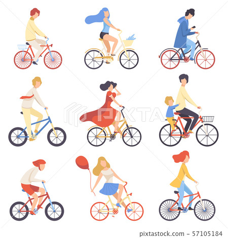 People in Casual Clothes Riding Bicycles Set, Cycling Men and Women Exercising, Relaxing or Going to People in Casual Clothes Riding Bicycles Set, Cycling Men and Women Exercising, Relaxing or Going to 57105184
