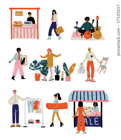 People Selling and Shopping at Marketplace or Flea Market Set Vector Illustration People Selling and Shopping at Marketplace or Flea Market Set Vector Illustration 57105637
