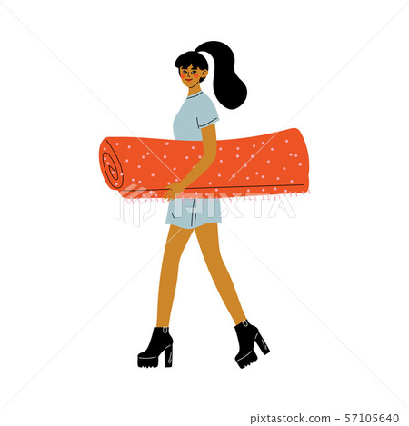 Young Woman Carrying Carpet, Girl Shopping at Marketplace Vector Illustration 57105640