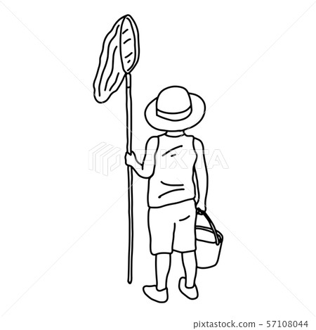 back of boy holding net and bucket vector 57108044