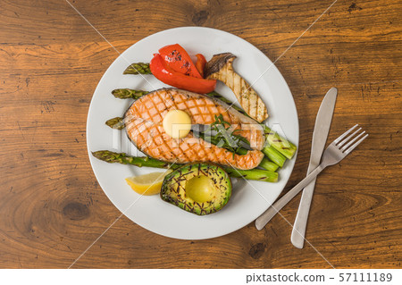 Typical delicious grilled salmon steak 57111189