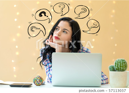 Question marks with speech bubbles with young woman Question marks with speech bubbles with young woman 57113037